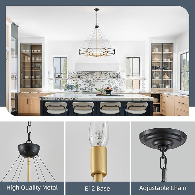 XINGQI 31" Large 8-Light Black and Gold Industrial Chandeliers for Dining Room Round Farmhouse Kitchen Pendant Light Fixture for Entryway Living Room Bedroom Foyer