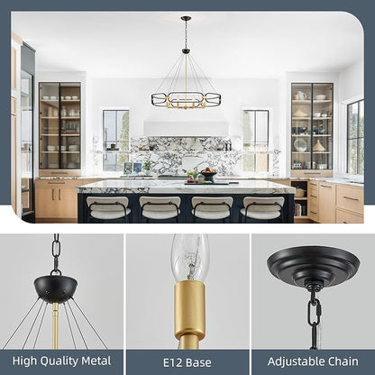 XINGQI 31" Large 8-Light Black and Gold Industrial Chandeliers for Dining Room Round Farmhouse Kitchen Pendant Light Fixture for Entryway Living Room Bedroom Foyer