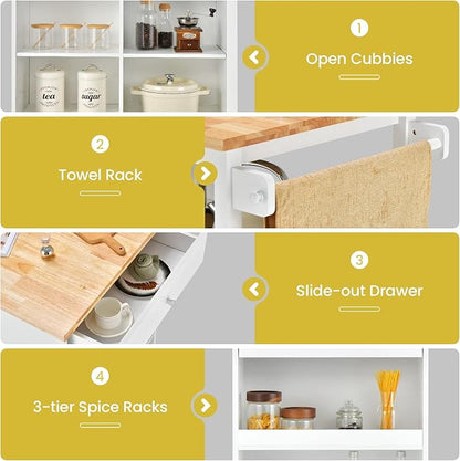 Giantex Kitchen Island Cart on Wheels, Rolling Island Table with Rubber Wood Top, Drawer, 3 Tier Spice Rack, 8 Storage Shelf & Cube, Serving Cart for Dining Room Bar, 46"x23.5"x39" White