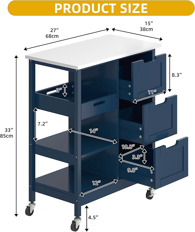 DWVO Solid Wood Top Rolling Kitchen Island Cart, 3 Tier Mobile Kitchen Storage Island Cart with 3 Drawers and 3 Opening Storage Shelves for Kitchen & Dining Area, Navy Blue