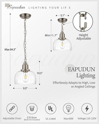 EAPUDUN Modern Farmhouse Pendant Light, 1-Light Industrial Hanging Light Fixture 9.3-inch, Brushed Nickel Finish with Clear Glass Shade, PDA1127-BNK