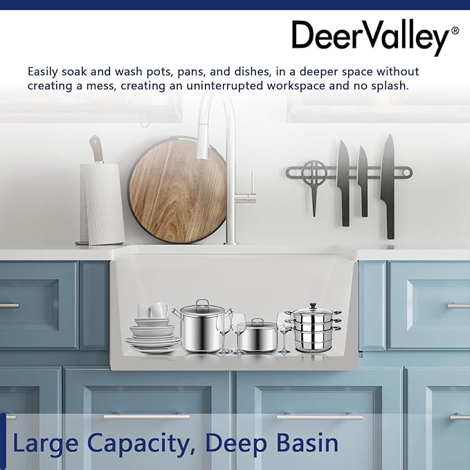 DeerValley Farmhouse Single Kitchen Sink, 24" L x 18" W White Reversible Single Bowl Farm Sink with Apron Front Ceramic Kitchen Sinks with Grid & Strainer
