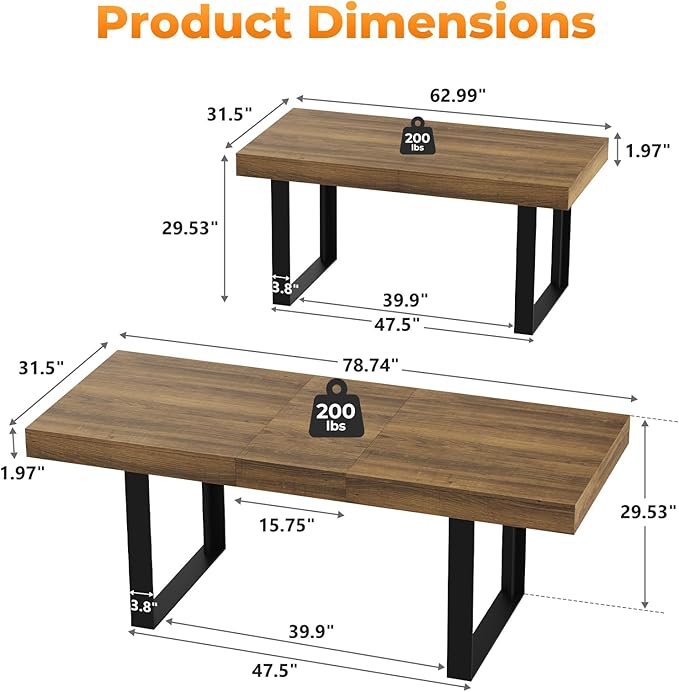 Zevemomo 63"-78.7" Expandable Dining Table, 6-8 Extendable Dining Table, Rectangle Conference Table, Farmhouse Kitchen Table with Slide Track, Tapered U-Shaped Wood Legs for Office, Living Room-Brown
