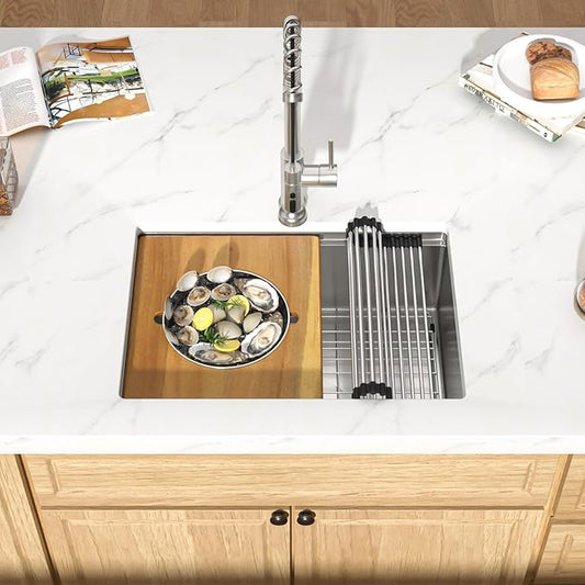 28 Inch Undermount Kitchen Sink - Workstation All-In One 16 Gauge 304 Stainless Steel Single Bowl KItchen Sink with Mixing Bowl, Pasta Strainer, and Cutting Board #TLU-0040