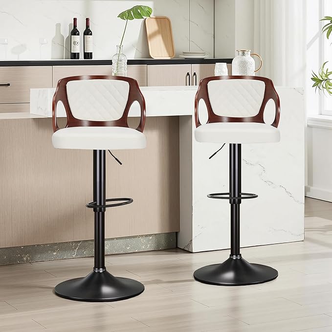 VECELO Bar Stool Set of 4, Kitchen Island Stools with Bentwood Back,Arm&Footrest,Island Chairs Adjustable Height PU Leather Cushion Seat,360°Swivel Stools for Kitchen Counter,Club Pub,Pearl White