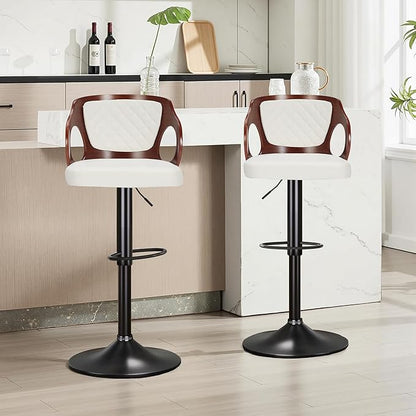 VECELO Bar Stool Set of 4, Kitchen Island Stools with Bentwood Back,Arm&Footrest,Island Chairs Adjustable Height PU Leather Cushion Seat,360°Swivel Stools for Kitchen Counter,Club Pub,Pearl White