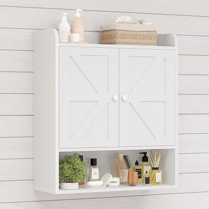 EasyCom 22" W x 26" H Bathroom Wall Cabinet, Farmhouse Medicine Cabinet with Adjustable Shelves and 2 Barn Doors, Over The Toilet Storage Cabinet for Bathroom,Kitchen,Living Room,White