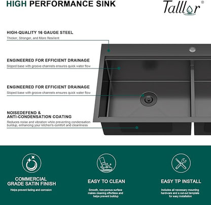 33"x19" Drop In Kitchen Sink - Double Bowl Workstation Gunmetal Black Kitchen Sink with Faucet Stainless Steel Topmount 16 Gauge Double Bowl 60/40 Split Over Mount Sinks Round Corner #TLT-0062