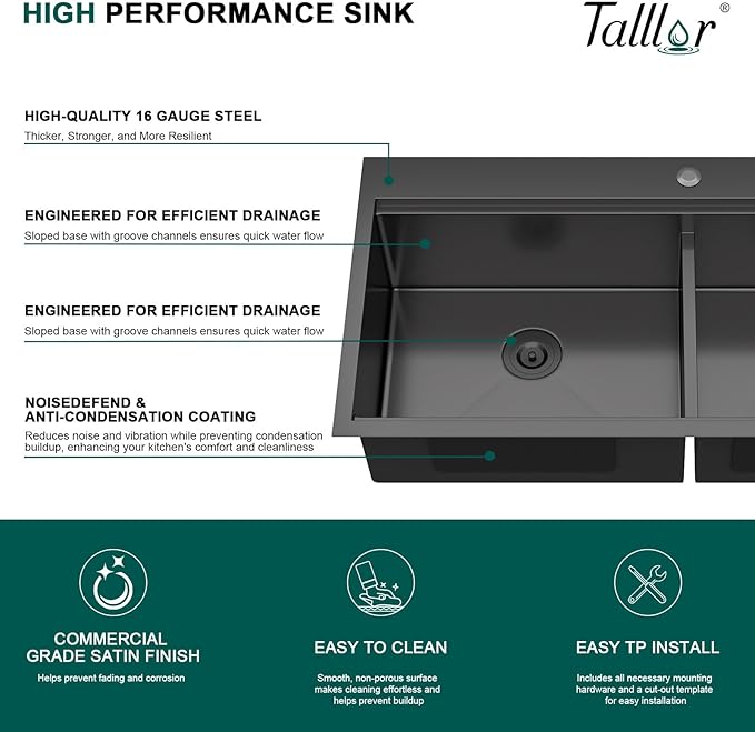33"x19" Drop In Kitchen Sink - Double Bowl Workstation Black Kitchen Sink with Faucet 16 Gauge Stainless Steel Topmount Double Bowl 60/40 Split Over Mount Sinks Round Corner #TLT-0028