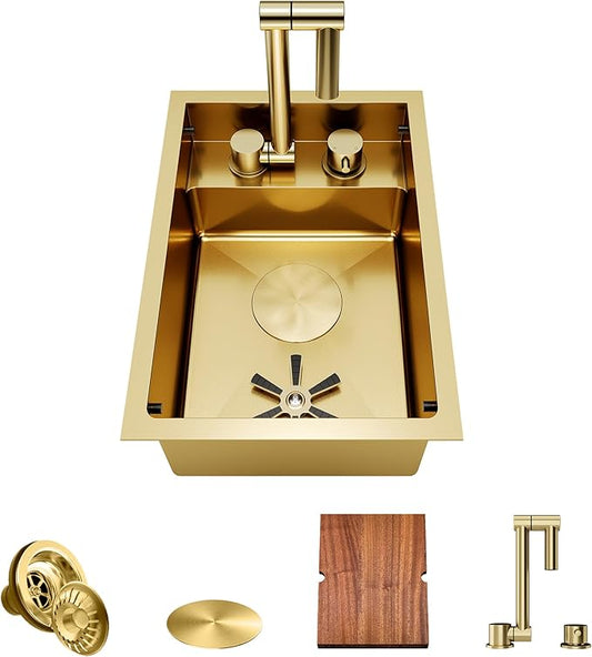 TORVA Gold RV Kitchen Sink, 12x17x7 Inch Compact Bar Sink, 16 Gauge T304 Stainless Steel Undermount Nano Coated Sink, Space-Saving Design for Camper Van, Boat, and Tiny Home