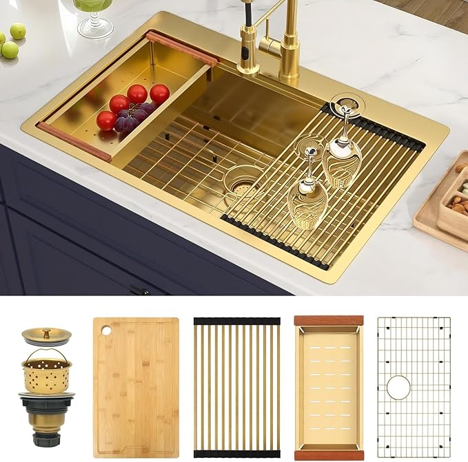 Gold Kitchen Sink 33" X 22",Drop In/Top Mount 16 Gauge Stainless Steel Workstation Sink,Deep & Large Single Bowl Kitchen Sinks (Gold, 33" X 22")