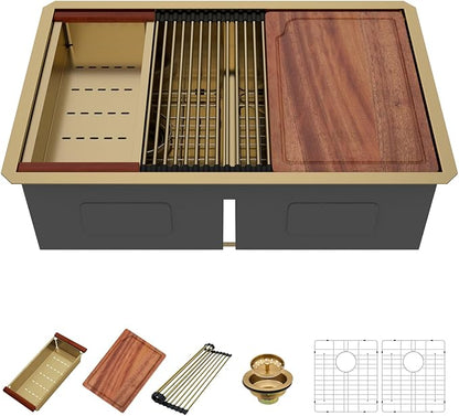 30 Gold Undermount Kitchen Sink - Beslend 30x19 Gold Double Bowl Kitchen Sinks Workstation 16 Gauge Stainless Steel Golden Sink Low Divide Double Basin 50/50