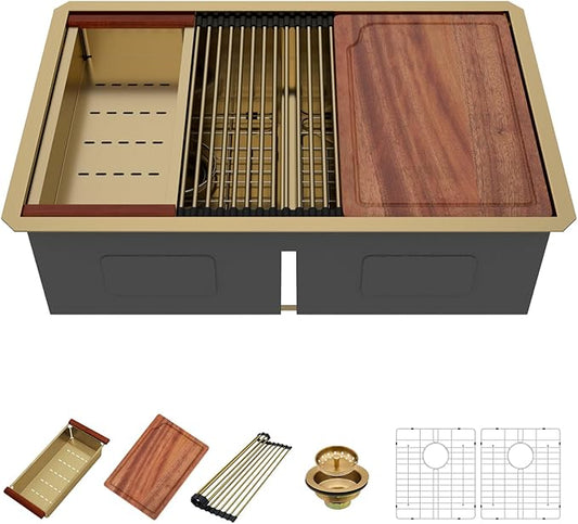 30 Gold Undermount Kitchen Sink - Beslend 30x19 Gold Double Bowl Kitchen Sinks Workstation 16 Gauge Stainless Steel Golden Sink Low Divide Double Basin 50/50