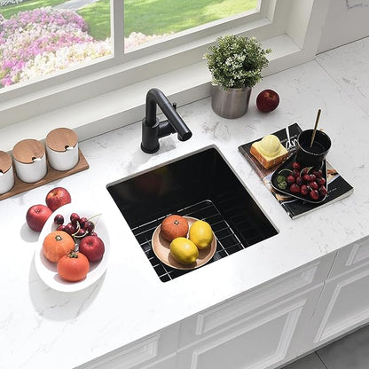 Black Bar Sink Undermount,16x16 Inch Small Wet Bar Sink Granite Composite Single Bowl Quartz Outdoor Rv Sink for Home Kitchen, Sink with Faucet Combo