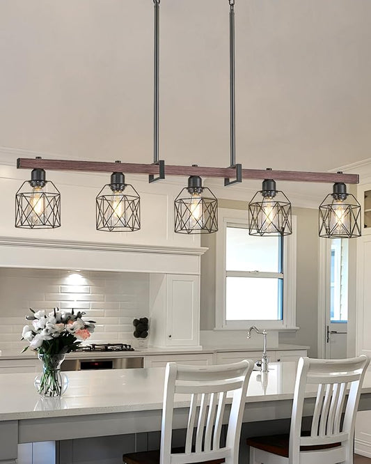 5-Light Industrial Kitchen Island Lighting with Wood Grain Bar and Black Metal Cage, Farmhouse Rustic Hanging Ceiling Lamp for Dining Room, Living Room