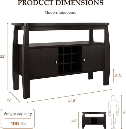 Furniture of America Clyton Modern Kitchen Buffet Storage Cabinet with Doors and Shelves, Wood Sideboard Table, Coffee Bars & 9 Grid Wine Rack, for Dining, Living Room, Dark Espresso