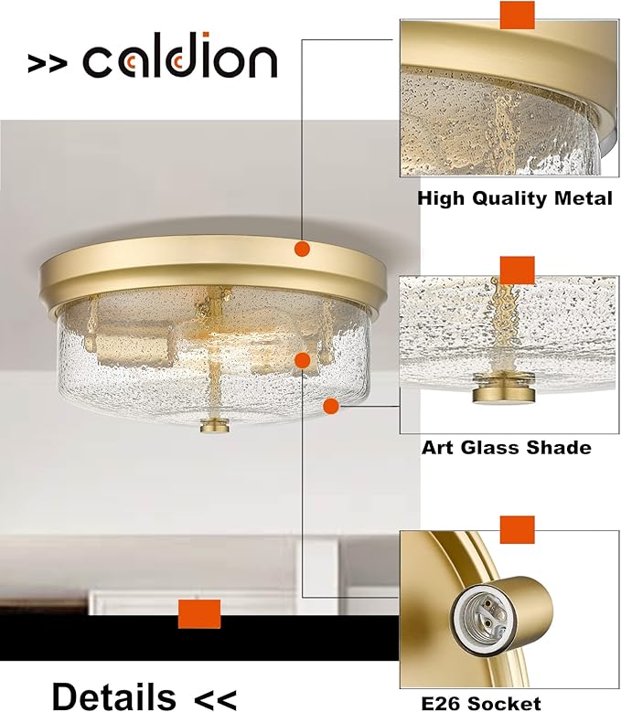 Gold Close to Ceiling Light Fixtures, 12 inch Flush Mount Hallway Light Fixture Gold Finish with Seeded Glass Shade Bedroom Ceiling Lights for Dining Room Kitchen Laundry Bathroom
