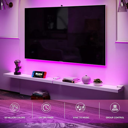 BAMEOS RGB LED Floating Shelves for Wall, 35" Wall Mounted Wooden Shelves with Invisible Brackets, Set of 2, Hanging Wall Shelves for Bedroom, Living Room, Kitchen, Study (White)