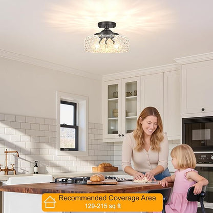 Daunton Black Semi Flush Mount Ceiling Light, 3-Light Ceiling Light with Hammered Glass, Vintage Hallway Lights, Closet Light Fixture, Kitchen Flush Ceiling Mount for Entryway Bedroom Bathroom,E12