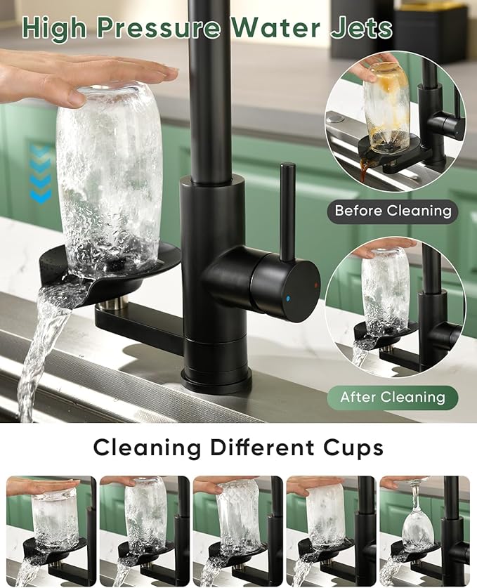OWOFAN Kitchen Faucet with Cup Washer Pull Down Sprayer Stainless Steel Kitchen Sink Faucet with Deck Plate Glass Rinser Single Hole Black