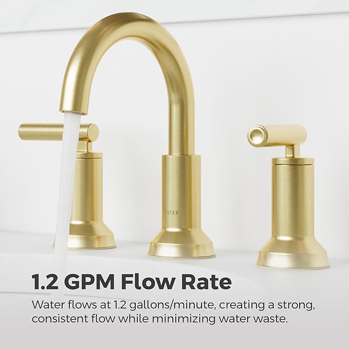 Pfister Capistrano Brushed Gold Bathroom Sink Faucet 8 in Widespread 3 Hole 2 Handle NSF Certified Push & Seal Drain TiteSeal Mounting Technology Vanity Faucet LF049CSOBG