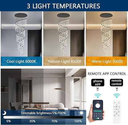 35-Light Long Large Modern Led Crystal Chandeliers Modern Spiral Chandeliers High Ceilings Chandelier for Staircase Foyer Black