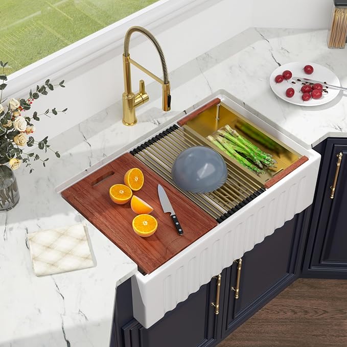 33 White Farmhouse Sink Double Bowl- Kichae 33 x 20 Inch Farmhouse Kitchen Sink Ledge Workstation Apron Front Ceramic Porcelain Single Bowl with Gold Accessories
