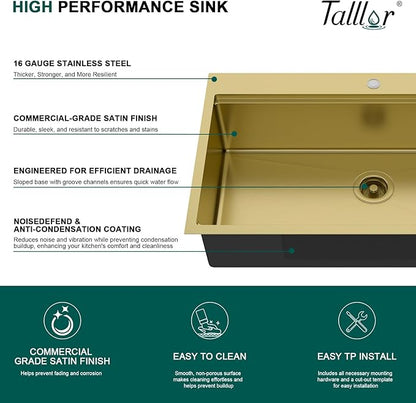 30 Gold Drop In Kitchen Sink - Workstation All-In One 16 Gauge Stainless Steel 30x22 Single Bowl Topmount Handmade Sinks for Kitchen with Mixing Board and Pasta Strainer #TLT-0070