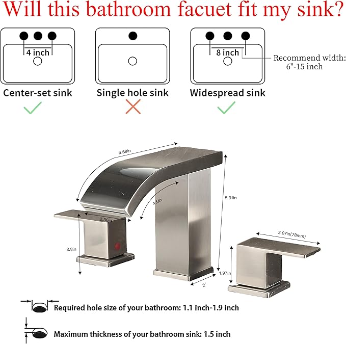 Bathroom faucets 3 Hole Widespread Brushed Nickel Bathroom Sink Faucet 8 inch LED Light Modern 3 Hole Vanity Faucet Bathroom with Pop Up Drain (Brushed Nickel)