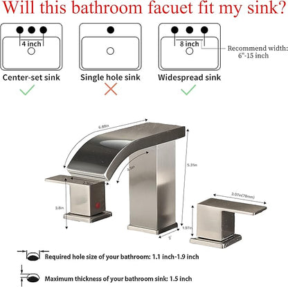 Bathroom faucets 3 Hole Widespread Brushed Nickel Bathroom Sink Faucet 8 inch LED Light Modern 3 Hole Vanity Faucet Bathroom with Pop Up Drain (Brushed Nickel)