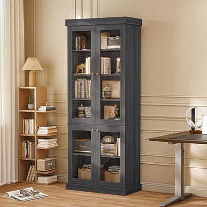70.8" Farmhouse Kitchen Pantry Cabinet with Glass Doors, Modular Storage Cabinet with 6-Tier Adjustable Shelves, Large Storage Cabinet for Kitchen or Living Room, Set of 2, Black