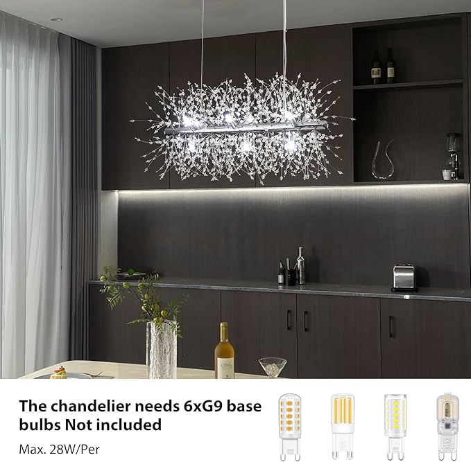 Modern Crystal Chandeliers Firework, 9-Light Chrome Rectangle Linear Dandelion Dining Room Chandelier, Mid Century Sputnik Firework Ceiling Light Fixture for Living Room Kitchen Island Store (L 28.8")