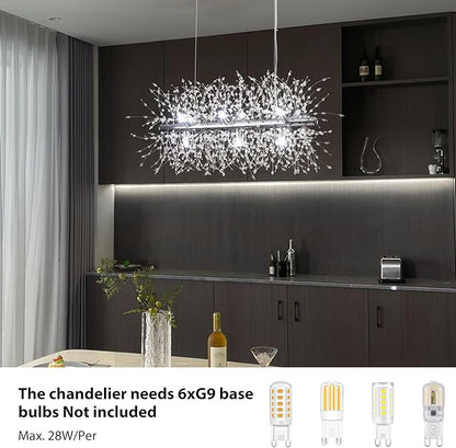 Modern Crystal Chandeliers Firework, 9-Light Chrome Rectangle Linear Dandelion Dining Room Chandelier, Mid Century Sputnik Firework Ceiling Light Fixture for Living Room Kitchen Island Store (L 28.8")