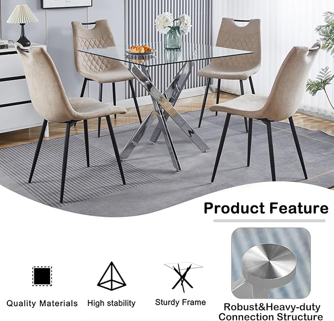 36" Square Dining Table for 2 3 4 People, Modern Dining Table with Silver Chrome Metal X-Shaped Legs, Small Glass Kitchen Tables Family Dinner Tables for Home Office Living Room