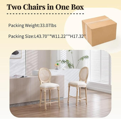 French Country Upholstered Bar Stools Set of Two, Natural Rattan Round Backrest, Solid Wood Frame with Carving and Wire Drawing Techniques, Vintage Dining Chairs for Kitchen Island (Beige A)