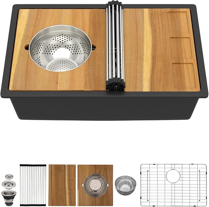 28 Black Undermount Kitchen Sink - Granite Composite Single Bowl Workstation All-In One Classic Quartz Kitchen Sink with Mixing Bowl, Pasta Strainer and Cutting Board #TLGU-127