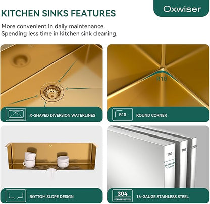 Gold Kitchen Sink 27x18 Inch Undermount Kitchen Sink 16 Gauge Stainless Steel Single Bowl with Accessories Round Corners Handmade