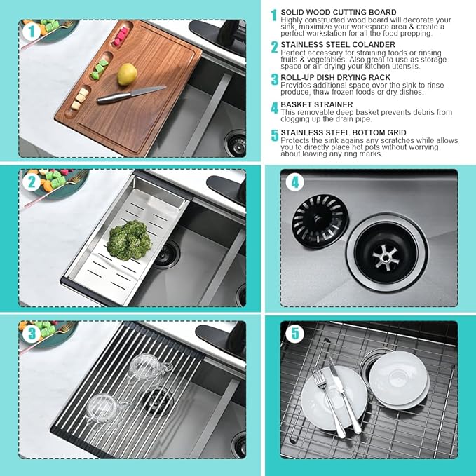 33 Inch Black Undermount Kitchen Sink Double Bowl-iAnomla 33x19 Black Stainless Steel Kitchen Sink Under Mount Workstation Sinks 16 Gauge 60/40 Low Divide Double Sinks with Cutting Board