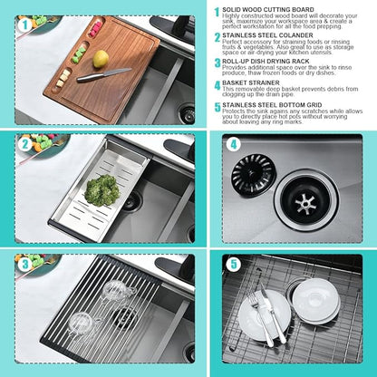 33 Inch Black Undermount Kitchen Sink Double Bowl-iAnomla 33x19 Black Stainless Steel Kitchen Sink Under Mount Workstation Sinks 16 Gauge 60/40 Low Divide Double Sinks with Cutting Board