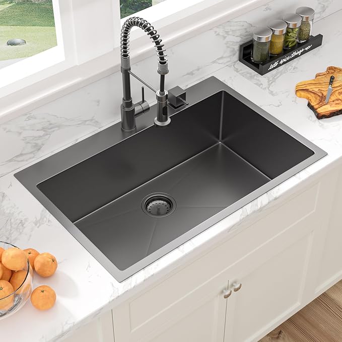 Sarlai 33 Black Kitchen Sink Drop In - 33x22 Inch Kitchen Sink Topmount Gunmetal Black 16 Gauge Stainless Steel Single Bowl Above Counter Rectangular Sinks Basin