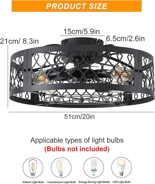 Garwarm 20in Caged Ceiling Fan with Light,Bladeless Black Fandelier Ceiling Fan with Remote,Industrial Farmhouse Flush Mount Ceiling Fans Light Fixtures for Kitchen,Bedroom,Living room（6 Speed,Timing）