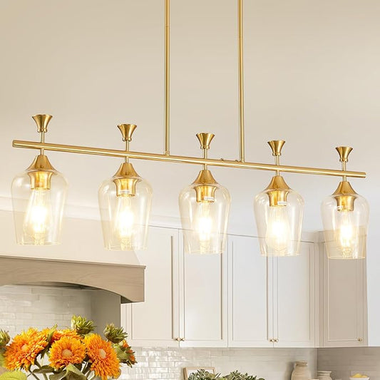 37" Dining Room Light Fixture/Chandelier Over Table, 5-Light Brushed Gold Kitchen Island Lighting with Clear Glass Shade, Modern Hanging Pendant Lights Fixture for Kitchen Island, Dining Room, Bar