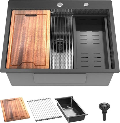 28inch Black Kitchen Sink Drop In - Feibus 28x22x10 with Double Step Workstation Sink 16 Gauge Honeycomb Embossment Stainless Steel Single Bowl