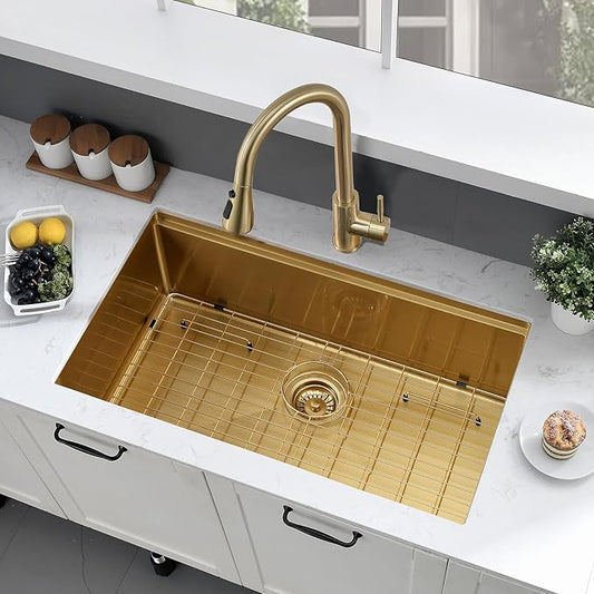 31 Inch Gold Kitchen Sink Undermount, 31x18 Stainless Steel Undermount Sink Workstation Brushed Gold 16 Gauge 10" Deep Single Bowl Kitchen Sinks with Cutting Board