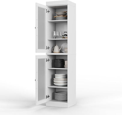 Palace Imports Solid Wood Kitchen Pantry Cabinet w/Frosted Glass Doors - Narrow Storage Cabinet - 16.5" Wide x 71.5" Tall - White, Adjustable Shelves, 100% Eco-Friendly Wood, Modular Cabinets