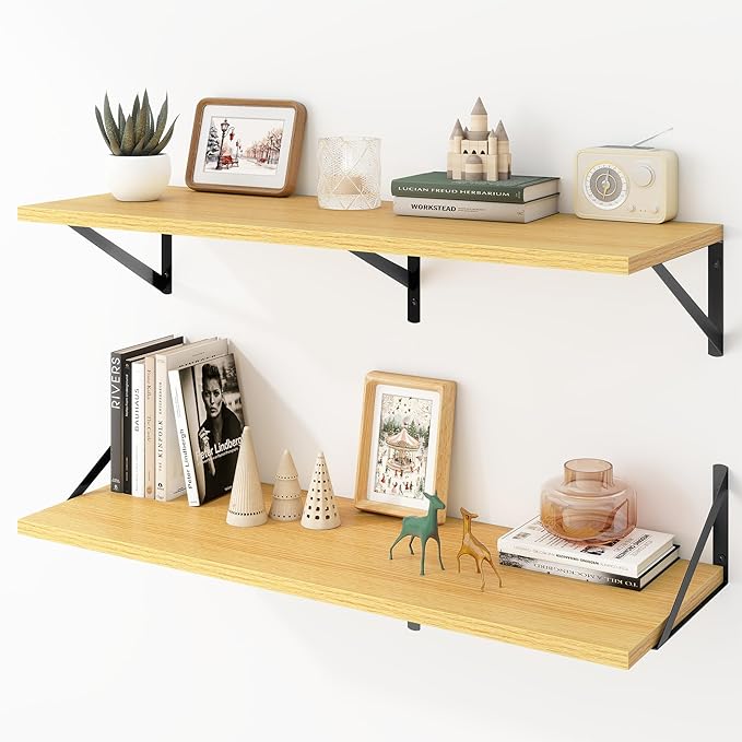 Acovy Deep Floating Shelves Wall Mounted, 36"x12" Oak Wall Shelves with Brackets Set of 2 for Bedroom, Living Room, Bathroom, Kitchen, Office - Storage & Display Shelf for Decor, Books, Plants