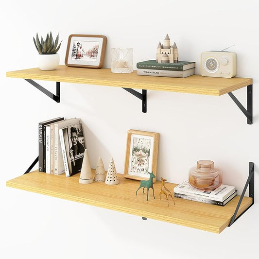 Acovy Deep Floating Shelves Wall Mounted, 36"x12" Oak Wall Shelves with Brackets Set of 2 for Bedroom, Living Room, Bathroom, Kitchen, Office - Storage & Display Shelf for Decor, Books, Plants