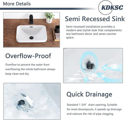 Bathroom Vessel Sink 18.2'' x 13.3'' Small Semi Recessed Bathroom Sink Rectangular Drop In Sink with Overflow White Ceramic Modern Vessel Sinks for Bathroom