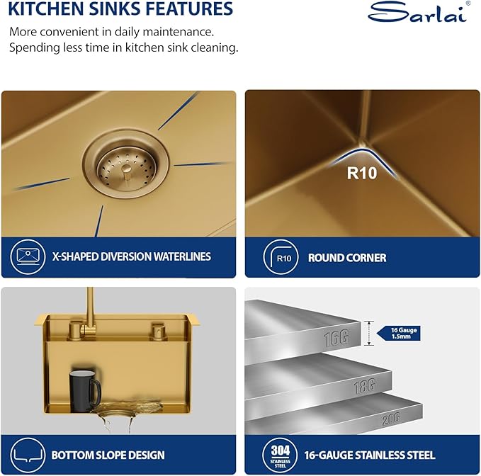 Sarlai Outdoor Sink, 15x15 Inch Gold Undermount Kitchen Sink Workstation with Foldable Faucet Bar Prep Single Bowl Gold Kitchen Sinks16 Gauge Stainless Steel BBQ Sinks with Cover 15"x15"x9"
