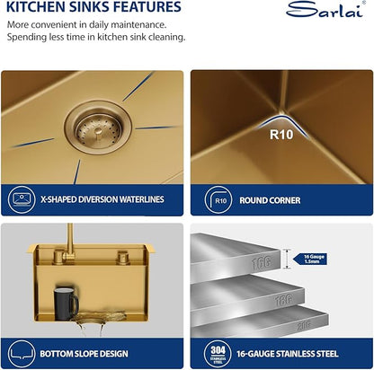 Sarlai Outdoor Sink, 15x15 Inch Gold Undermount Kitchen Sink Workstation with Foldable Faucet Bar Prep Single Bowl Gold Kitchen Sinks16 Gauge Stainless Steel BBQ Sinks with Cover 15"x15"x9"